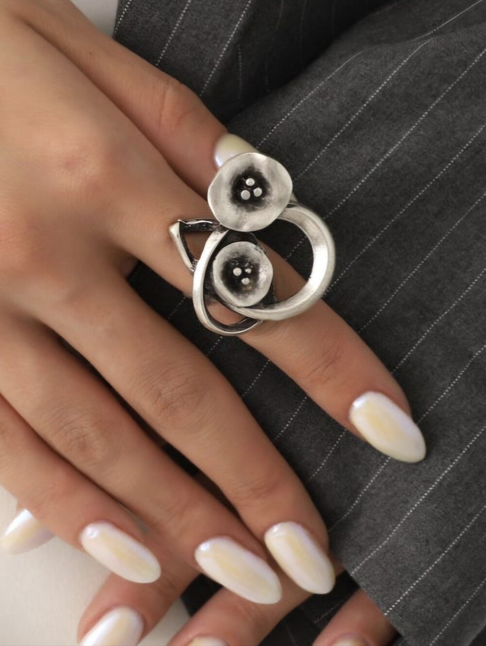 Sterling Silver Double Flower Statement Ring - Handmade